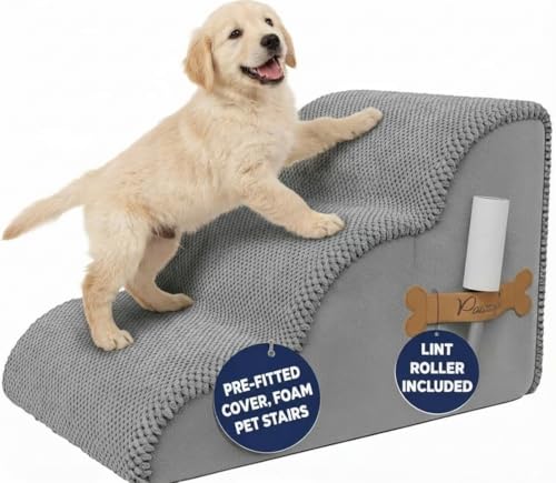 PAWZY Dog Stairs for Medium-Height Beds & Couches, 3-Step Foam