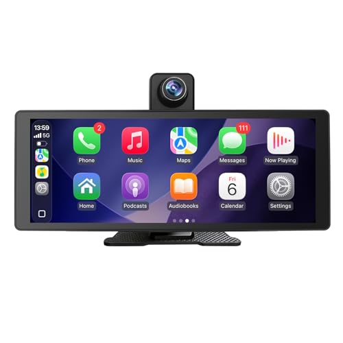 Image of 10.26" Wireless Carplay & Android Auto Screen for Car - Portable Car Stereo with 1080P Adjustable Dash Cam Front | Mirror Link | FM Transmitter/AUX | Plug & Play (10.26, Inches)