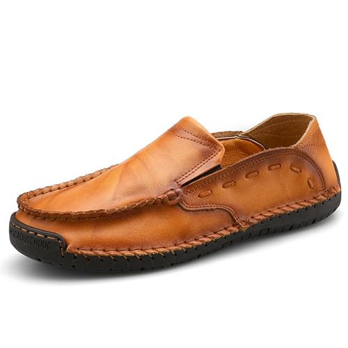 Men's Comfortable Flat Slip-On Penny Loafers Soft Leather Classic Hand-Stitched Casual Walking Shoes Non-Slip Platform Driving Loafers