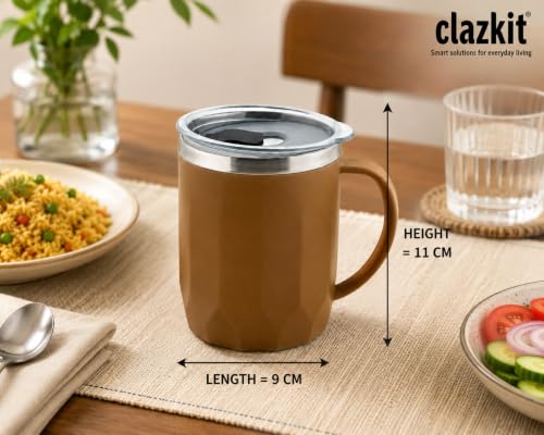 Image of Clazkit Travel Leak Proof Coffee Mug | Stainless Steel Coffee Tumbler | Spill-Proof Lid | Hot & Cold Vacuum Mug for Office, Travel & Car- 400ml Light Brown
