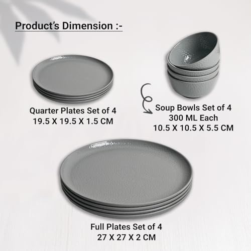 Image of Market99 Heavy-Duty Grey Hammered Melamine Dinner Set - 12 Pieces | Includes 4 Dinner Plates, 4 Side Plates & 4 Soup Bowls | Matte Finish Tableware for Daily Meals, Kitchen & Modern Dining Setup