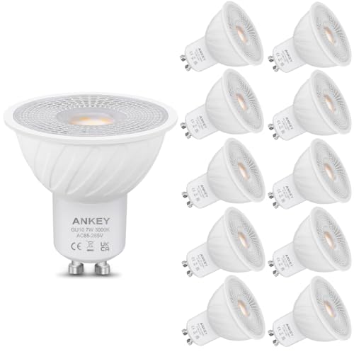 Ankey Bombillas LED GU10 de 7W (equivalente a 60W), Color Blanco Cálido 3000K, 650 Lúmenes, aptas para iluminación de carril y casas empotradas,Bombillas de bajo consumo, no regulables,Pack de 10