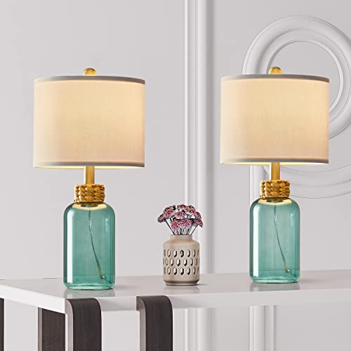 G-Safava 20.25 Inch Modern Glass Table Lamp Set Of 2, Small Farmhouse Bedside Lamp Blue Green Nightstand Lamp For Living Room Bedroom Office Dorm #TOP8