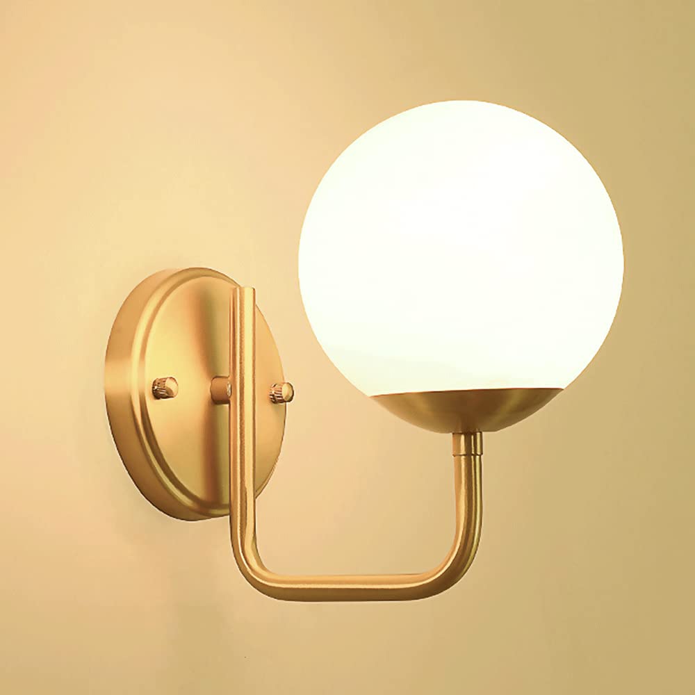 HPTHLY Wall Lighting, Retro Globe Wall Light, Brass Wall Sconce With White Glass Ball Shade, Minimalist Bedroom Bedside Wall Lamp, V-Intage Industrial Wall L