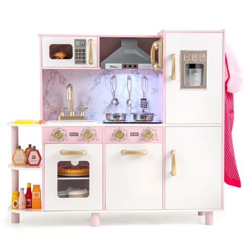 GLACER Kids Pretend Kitchen Playset, Wooden Kitchen Toy Set w/Sound & Light, Ice Maker, Microwave, Telephone, Apron, Stoves & Hood, Ideal Gift for Kids 3+ Years Old