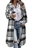 CHICZONE Womens Casual Lapel Button Down Long Plaid Shirt Flannel Shacket Jacket Tartan Trench Coat Gray S