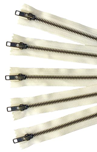 YKK Antique Brass Metal Zippers in Vanilla/Cream/Offwhite - #5 Closed-end Zippers - 8 Inch - Set of 5 Pieces by Craftbot