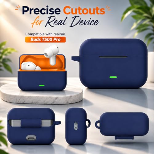 Image of Silicone Case for Realme Buds T500 Pro TWS Earbuds | Shockproof 360 Protective Cover | Heavy-Duty Carabiner Clip | LED Visible | Soft Anti-Slip & Lightweight Case (Blue)