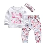 KuKitty 3Pcs Baby Girl Outfits Set Worth The Wait Long Sleeve T-Shirt Tops Flowers Pants with Headband (3-6 Months)