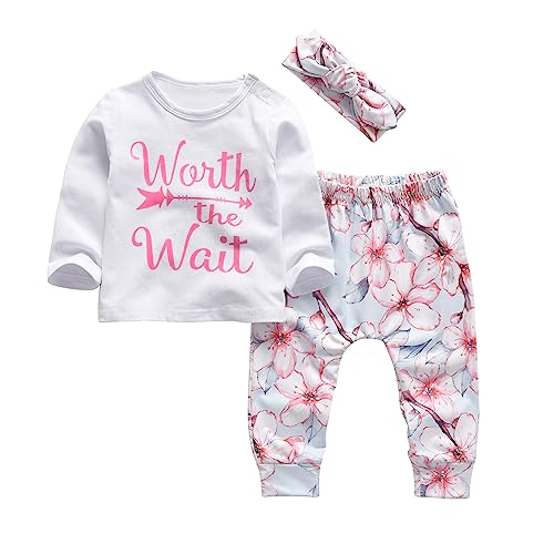 Image of KuKitty 3Pcs Baby Girl Outfits Set Long Sleeve T-Shirt Tops Flowers Pants with Headband