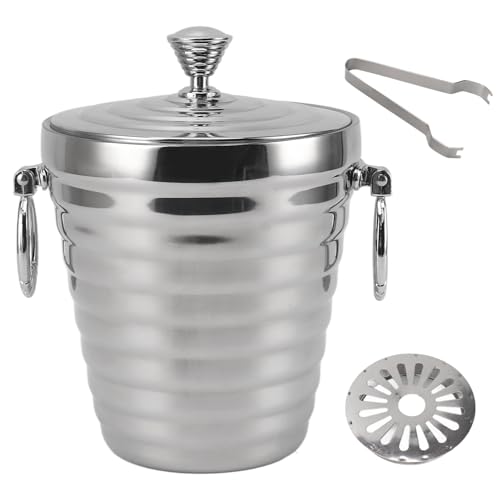 Secchiello per il ghiaccio in acciaio inossidabile con coperchio, Secchiello per il ghiaccio per vino per bevande, Contenitore per ghiaccio isolato a doppia parete con pinze e (2L)
