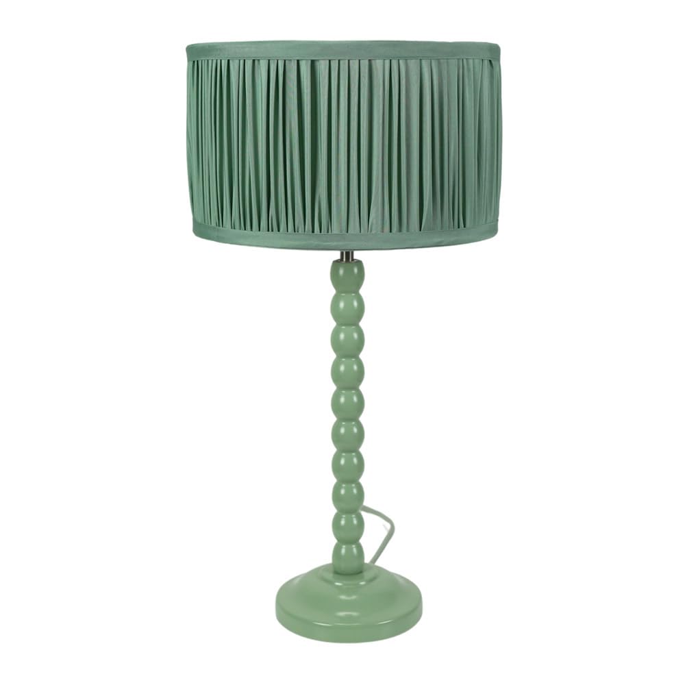 ValueLights Bobbins Sage Green Table Lamp with Ruched Pleated Drum Lamp Shade in Pale Green