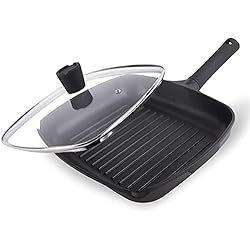 La Moustache – Sartén cuadrada para freír de aluminio fundido de 28 cm, tapa de cristal – Poele Grill antiadherente 100% libre de PFOA | Funciona con halógeno, gas, electricidad, inducción y cerámica