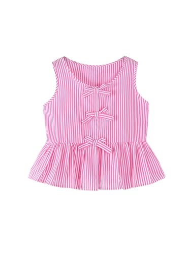 Image of Girls Bowknot Tank Tops Sleeveless Striped Shirts Cotton Peplum Babydoll Top