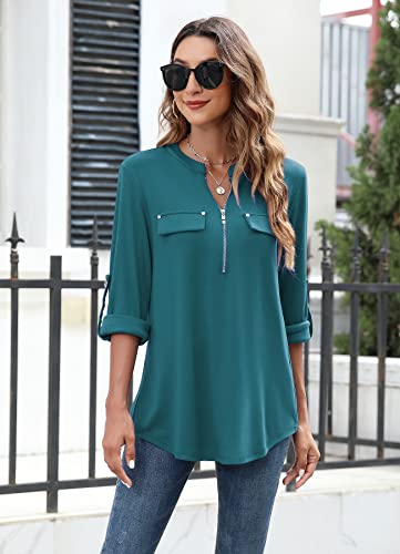 Image of Bulotus 3 /4 Length Sleeve Womens Striped Tops Zipper V Neck Collared Blouses Business Casual Tunics 2026 Spring Trendy