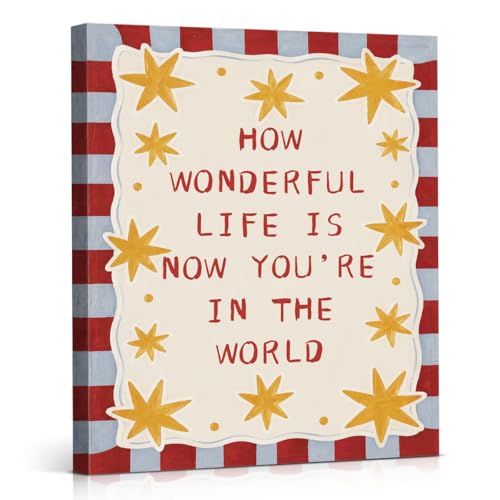 NSFBESSLIA How Wonderful Life Is Now You're In The World Wall Art, Retro Red Blue Striped Oil Painting, Cute Star Decor for Nursery Baby Room Kids Bedroom, 8x10 Inch