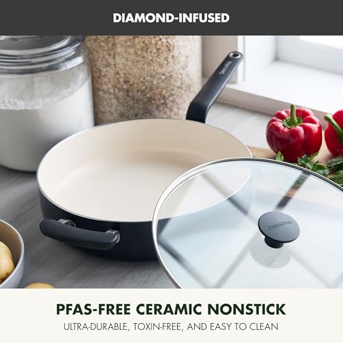 Image of GreenPan Rio Advanced 5QT Saute Pan With Tempered Glass Lid, 5QT Ceramic Nonstick pan with Helper Handle, PFAS-Free, Induction Ready, Dishwasher and Oven Safe, Black
