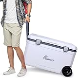 SUNMER Wheeled Cooler Box 70L - PU Foam Insulated Ice Chest with 72-Hour Cold Retention - Cool Box on Wheels with Drain Plug & Cup Holders - Large Ice Cooler Box for Camping & Beach - White