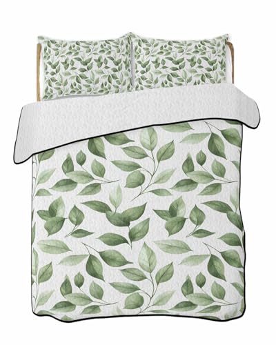 Green Leaf King Size Quilt Set with Pillow Shams