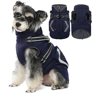 FUAMEY Small Winter Coat for Dogs with Harness, Thermal Dog Jackets Reflective Vest, Warm Clothes Puppy Cover for Cold Weather, Turtleneck Puppies Outfits Zip Up, Bichon Frise (Dark Blue, S)