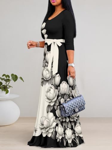 Image of PinkPatty Plus Size Maxi Dress for Women Casual V Neck 3 /4 Sleeve Boho Printed Long Dress with Pockets