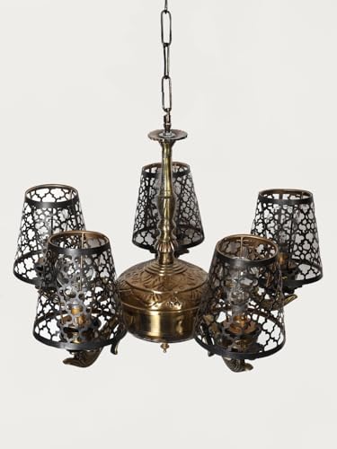 Image of Devansh 05 Lights Metal Etched Shade with Antique Golden Chandelier -Y