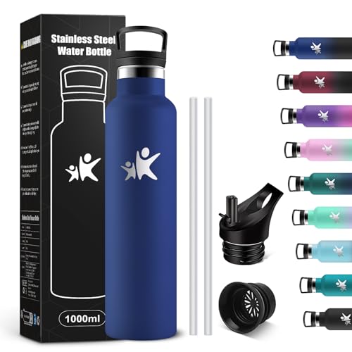 KollyKolla Gourde Isotherme 1L, Bouteille Isotherme Acier Inoxydable, Bouteille d'eau Étanche, sans BPA, Gourde Inox avec Paille, Réutilisable, Gourde pour Fitness, Randonnée, Camping, Cyclisme