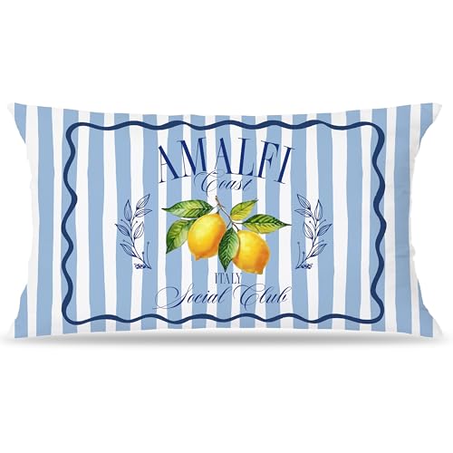 Image of Amalfi Blue and Yellow Summer Italian Mediterranean Amalfi Coast Lemon Pillow Cover Decor 12x20,Italian Striped Decorative Throw Pillow Cover Decor for Couch Double-Sided Set of 2