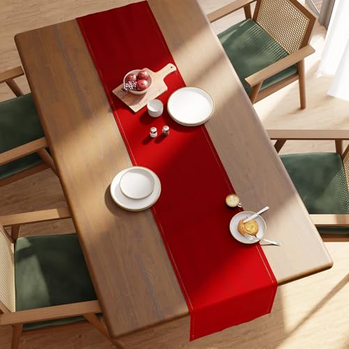 Image of Encasa Homes Pure Cotton Hemstitched Table Runner for 8 seater Dining of Size 32x230 cm - Red | Decorative Cloth for Party, Home, Cafes, Restaurant & Hotels - Machine Washable