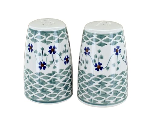 Blue Rose Polish Pottery - Green Sage Floral Salt & Pepper Shaker - 3.5" Tall - Hand-Painted Ceramic Seasoning Set for Table & Kitchen