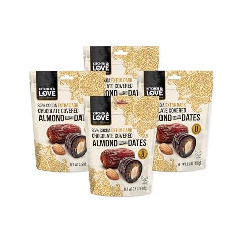 Kitchen & Love Chocolate Covered Almond Stuffed Dates in a Convenient Resealable Pouch, 8 Individually Wrapped Pieces, 85% Extra Dark Chocolate, Healthy Snack, 3.5 oz pouch (Pack of 4) Cover