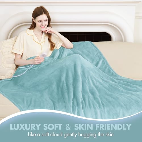 Full Size Heated Blanket 72" x 84" - Fluffy Ultra Soft Flannel Electric Blanket Full with 6 Heating Levels & 10 Hours Adjustable Timer, Fast Heating and Washable Blanket for Office (Blue)