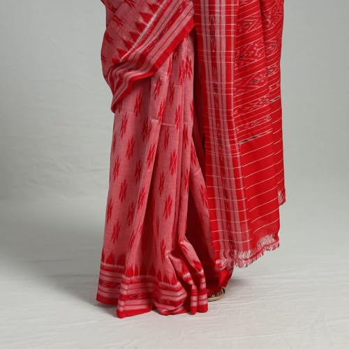 Image of ODISHAHANDLOOM Sambalpuri Pure Cotton Handloom Saree, Traditional Ikat Pattern, Red and Green, Without Blouse