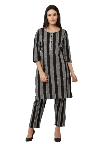 Image of Women Cotton Blend Kurti Pant Set for Women Ethnic Printed Straight Kurta with Pants Co Ord Set Casual Office Wear Traditional Kurta Set Blue 3 /4 Sleeve Round Neck