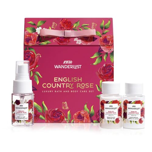 Nykaa Wanderlust English Country Rose Bath and Body Gift Set for Women | Travel-Size Mini Luxury Gift Pack (Shower Gel, Body Lotion & Body Mist - 90ml) | Premium , Birthday, Anniversary & All Special Occasions Gift Set Combo