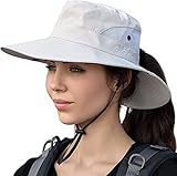 Uhky Damen Sommer Sonnenhut breite Krempe Outdoor UV-Schutz Hut Faltbarer Pferdeschwanz Bucket Cap für Strand Wandern (Beige)