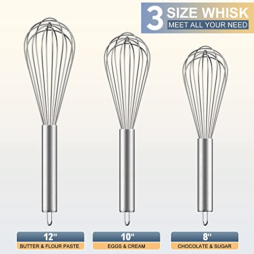 Whisks For Cooking 8"+10"+12", 3 Pack Whisk Wisk Kitchen Tool Stainless Steel Wire Whisk Egg Beater For Blending Whisking Beating Stirring Baking #TOP3