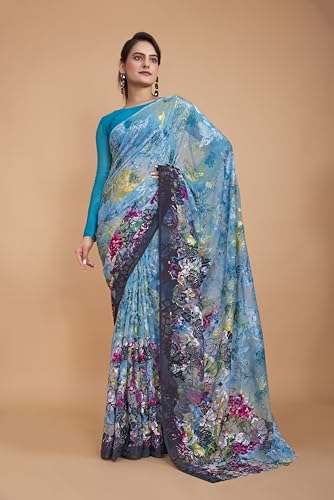 Image of Garden Vareli Summer Roganza Viscose Brasso Floral Print Saree with Unstitched Blouse Piece
