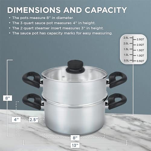 Nevlers 3 Piece Premium Heavy Duty Stainless Steel Steamer Pot Set Includes 3 Quart Cooking Pot , 2 Quart Steamer Insert And Vented Glass Lid | Stack And Steam Pot Set For All Cooking Surfaces #TOP3