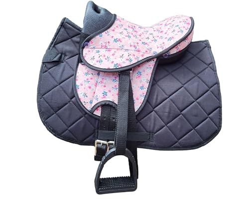 Brama West Kinder Shetty Sattel Set „My Little Pony“ | Sattel für Shetty Pony Holzpferd | mit Satteldecke, Sattelgurt, Steigbügel & Steigbügelriemen | Decke Schwarz/Sattel Flower