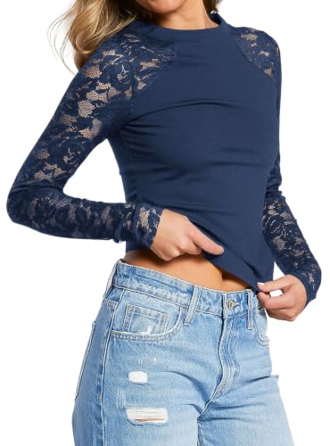 PRETTYGARDEN Sheer Lace Raglan Long Sleeve Shirts for Women,Navy,S