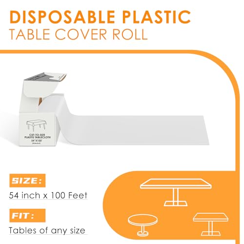 Image of tujol White Disposable Plastic Table Cloth Roll 54 inch X 100', Plastic Table Cover with Cutter Box, Cut to Size Disposable Tablecloth for Parties