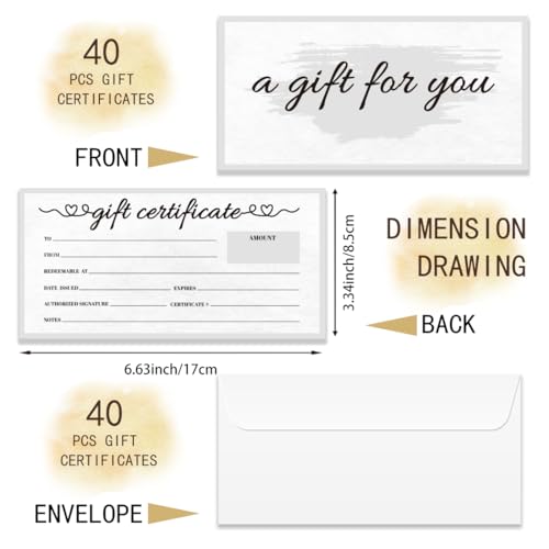 Doodlream 40 Set Geschenkgutschein für Unternehmen Leere Geschenkkarten Zertifikate mit Umschlägen 17 x 8.5cm Minimalistische Graue Karten Gutscheine für Restaurant Spa Beauty Makeup Friseursalon