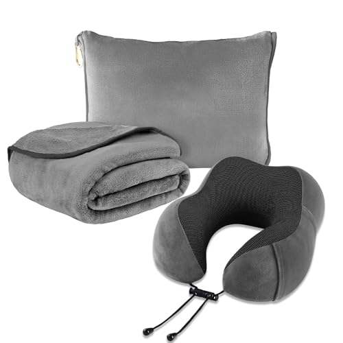 KYIZVE Set di cuscino e coperta da viaggio, coperta portatile in morbido pile e cuscino per il collo, per aereo, auto, campeggio, voli essenziali