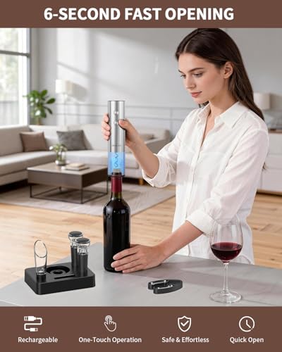 Image of CIRCLE JOY Electric Wine Opener Rechargeable, 6-in-1 Stainless Steel Electric Cordless Wine Bottle Opener with Pourer & Foil Cutter, 2 Vacuum Preservation Stoppers and Base, Gift for Home, Party, Bar