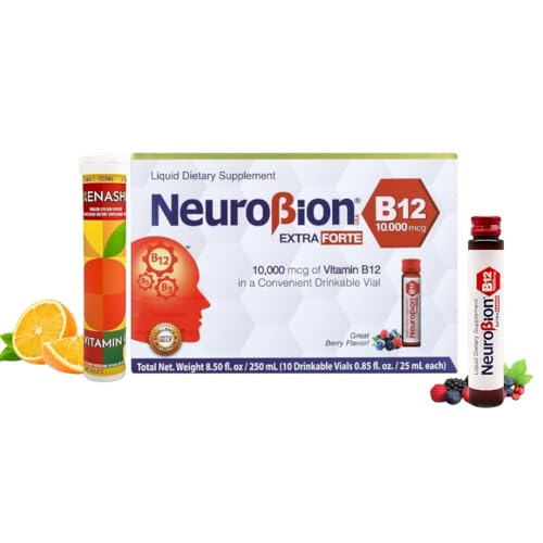 Neurobion Extra Forte B12 10,000 mcg Vials - Extreme Powerful- 10 Vials per Box + Kenashi Vitamin c Effervescent Tablets Vitamin C with Zinc 1000mg 20 Tablets Orange Flavor Immune System Support