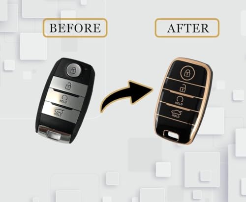 Image of TPU Car Key Cover Black & Golden Compatible for KIA Seltos,Sonet,Carens (KIA, 4 Button Push Smart Key New)
