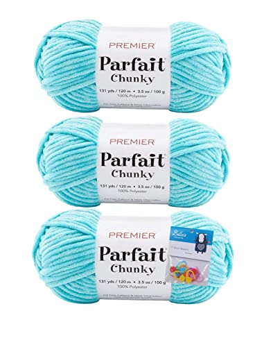 Image of Premier Yarns Parfait Chunky Chenille Yarn 3.5 Oz 6 Super Bulky Weight 3 Pack Bundle with Bella's Stitch Place Holders (Turquoise)