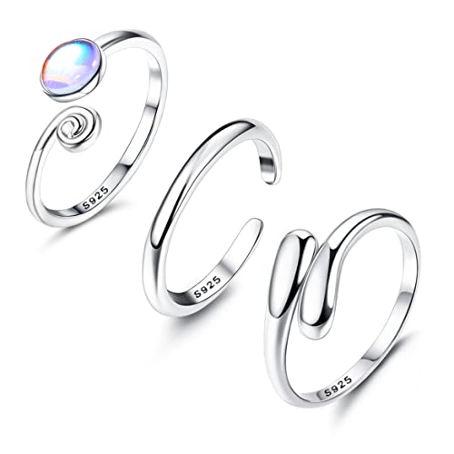 MILACOLATO 3pcs Toe Rings Set Solid 925 Sterling Silver Open Band Rings Comfort-Fit Adjustable Toe Rings for Women Turquoise Moonstone Summer Barefoot Jewelry