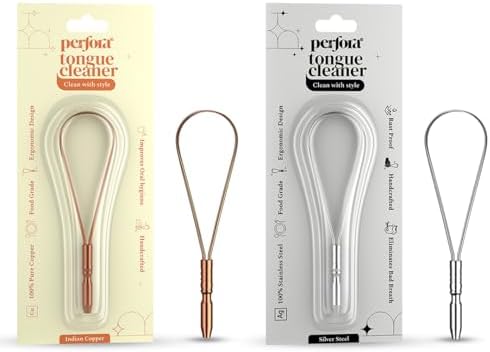 Perfora Copper & Silver Tongue Cleaner Combo for Men & Women | For Fresh Breath & Bacteria Removal | Improved Taste Sense & Oral Hygiene 100% Pure Indian Copper Tongue Scraper To Prevent Bad Breath